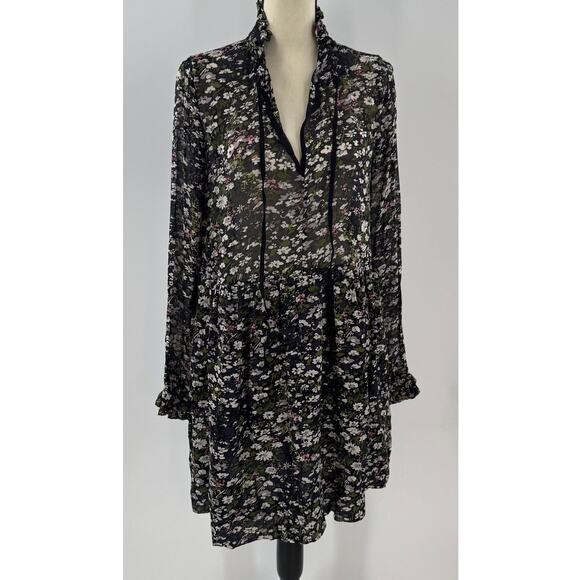 Ganni Black Floral Ruffle Dress Long Sleeve Knee Length 36 4 S M - Picture 1 of 12